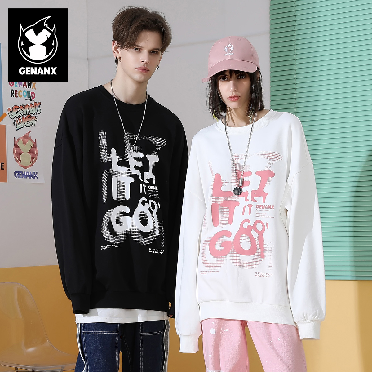 GENANX闪电潮牌印花落肩纯棉卫衣