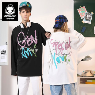 GENANX闪电潮牌夏季 T恤涂鸦字母印花宽松落肩圆领卫衣男 新款 长袖
