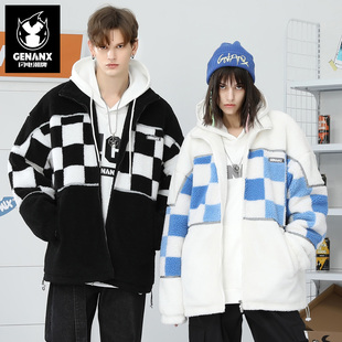 GENANX闪电潮牌22FW冬季 宽松棋盘格保暖情侣羊羔绒棉衣外套男 新款