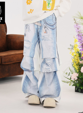 GENANX闪电潮牌2025秋季仿牛仔裤王橹杰同款印花阔腿拖地休闲裤男