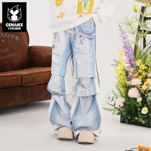 GENANX闪电潮牌2025秋季仿牛仔裤王橹杰同款印花阔腿拖地休闲裤男
