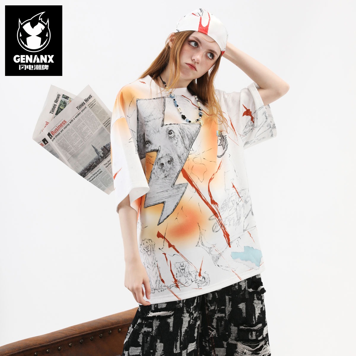 GENANX闪电潮牌夏季新款短袖太空棉质感松弛小狗卡通印花耐磨T恤
