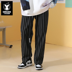 子 插扣腰带裤 GENANX闪电潮牌新款 黑白条纹印花宽松直筒休闲裤