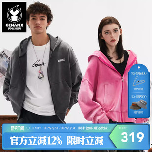 GENANX闪电潮牌基础水洗微蝙蝠袖短款卫衣连帽情侣开衫外套男宽松