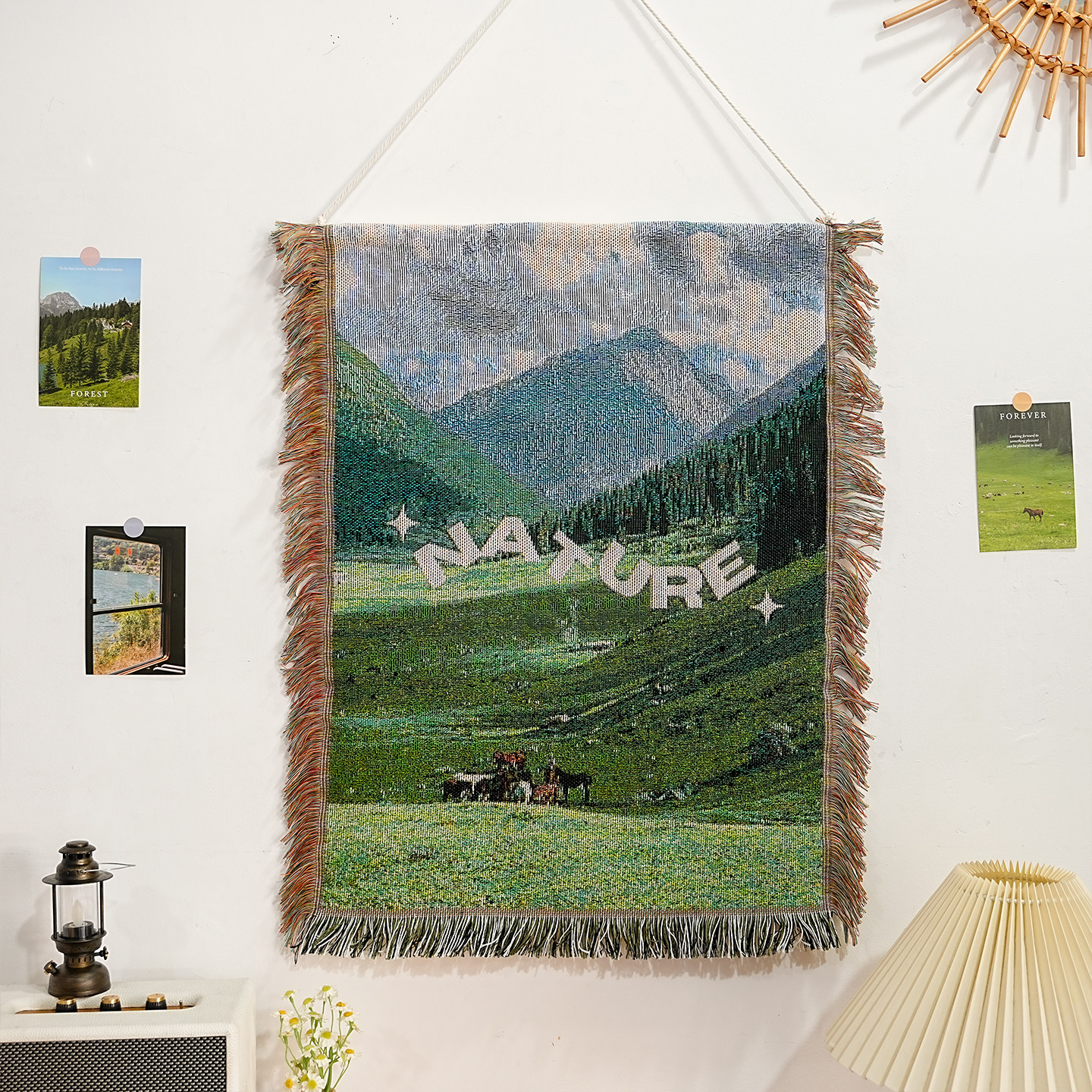 美式复古棉线编织挂毯沙发盖巾柜子盖布卧室墙面装饰背景布挂布