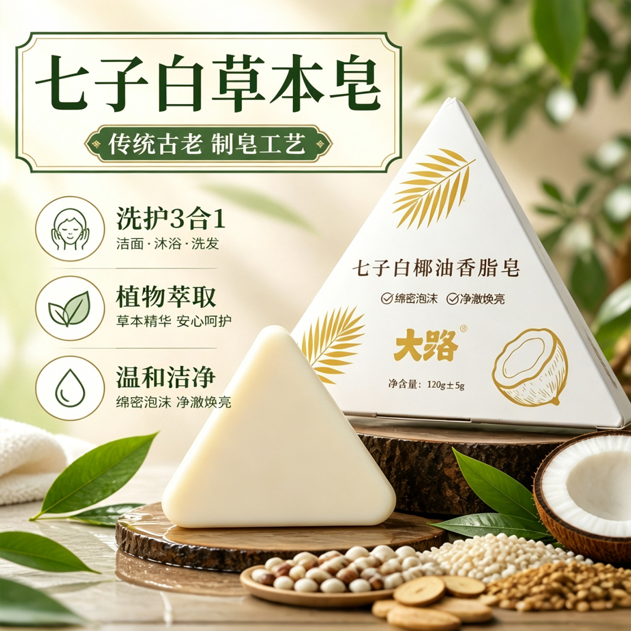 七子白椰油香脂皂三合一温和洁面