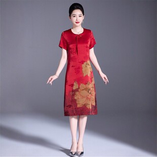 妈妈装新中式真丝连衣裙女夏季高贵妇人中老年红色国风桑蚕丝裙子