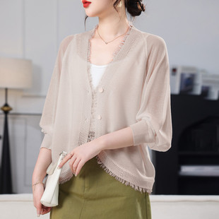 针织衫长袖休闲风冰丝宽松型流苏针织开衫V领短款女士
