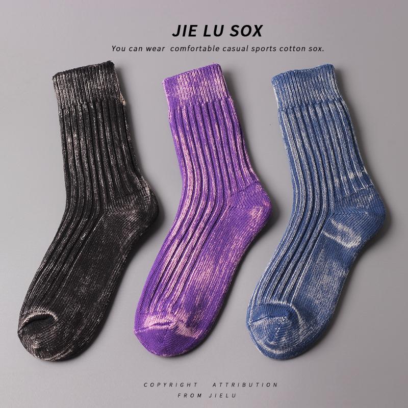 毛线袜子扎染做旧系列潮流工装风油漆堆堆竖条防臭情侣款粗线长袜