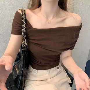 纯色洋气短袖 设计感小众短款 一字肩修身 夏季 T恤 上衣女2023年新款