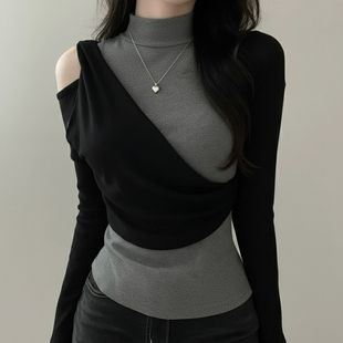 秋冬德绒撞色高领假两件打底衫拼接长袖T恤女小众ins修身露肩上衣