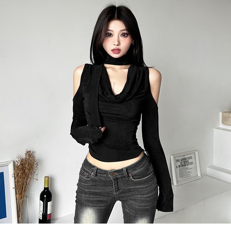 露肩长袖T恤内搭紧身高领打底衫