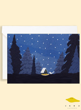 雪夜小木屋 圣诞节平安夜祝福明信片贺卡新年文艺温馨插画手绘卡
