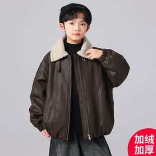 棉服中大童儿童男孩冬款 冬季 潮 加绒加厚皮衣外套2025新款 男童冬装