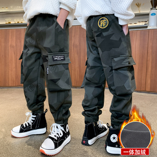 男童冬季加绒工装裤迷彩长裤2025新款儿童秋冬装裤子加厚一体绒潮