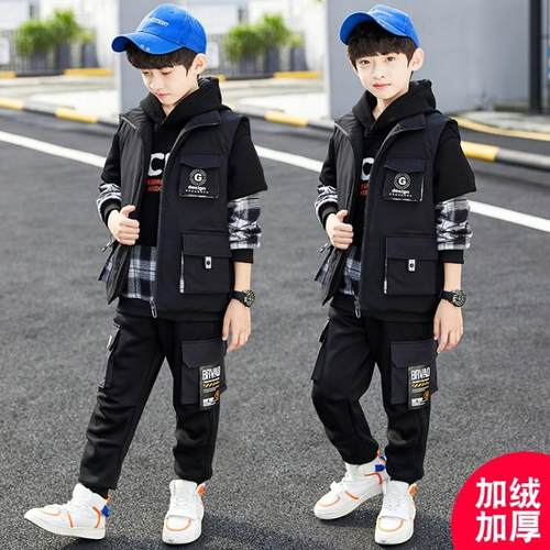 男童冬装套装加绒加厚三件套潮衣