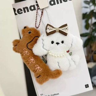 卡通毛绒公仔腊肠狗狗玩偶挂件蝴蝶结小狗书包装饰钥匙珠链挂饰