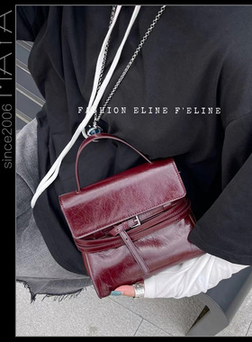 玛雅好货设计师款牛皮多层绑带翻盖小方包手提斜挎红色小包时尚潮