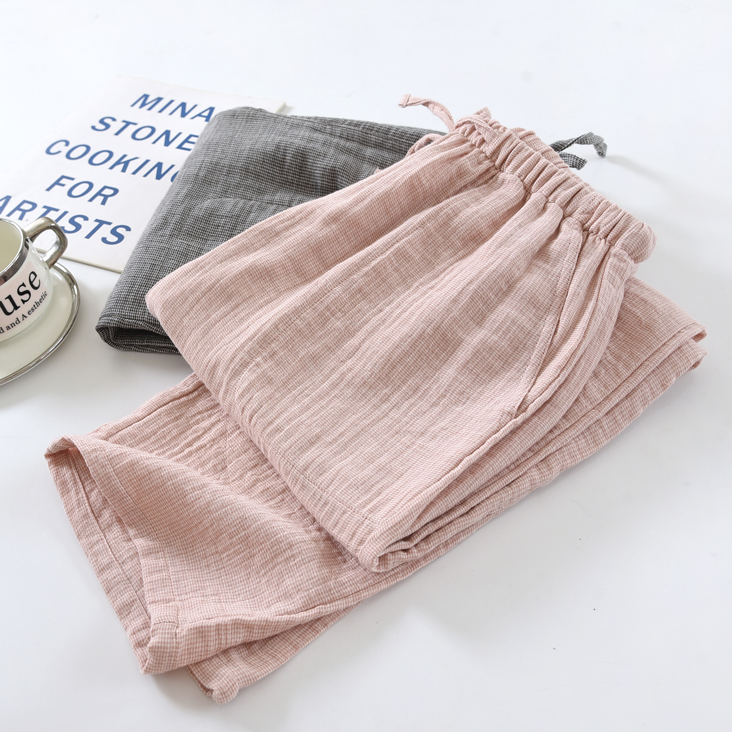 日系格子情侣家居裤纯棉长裤宽松