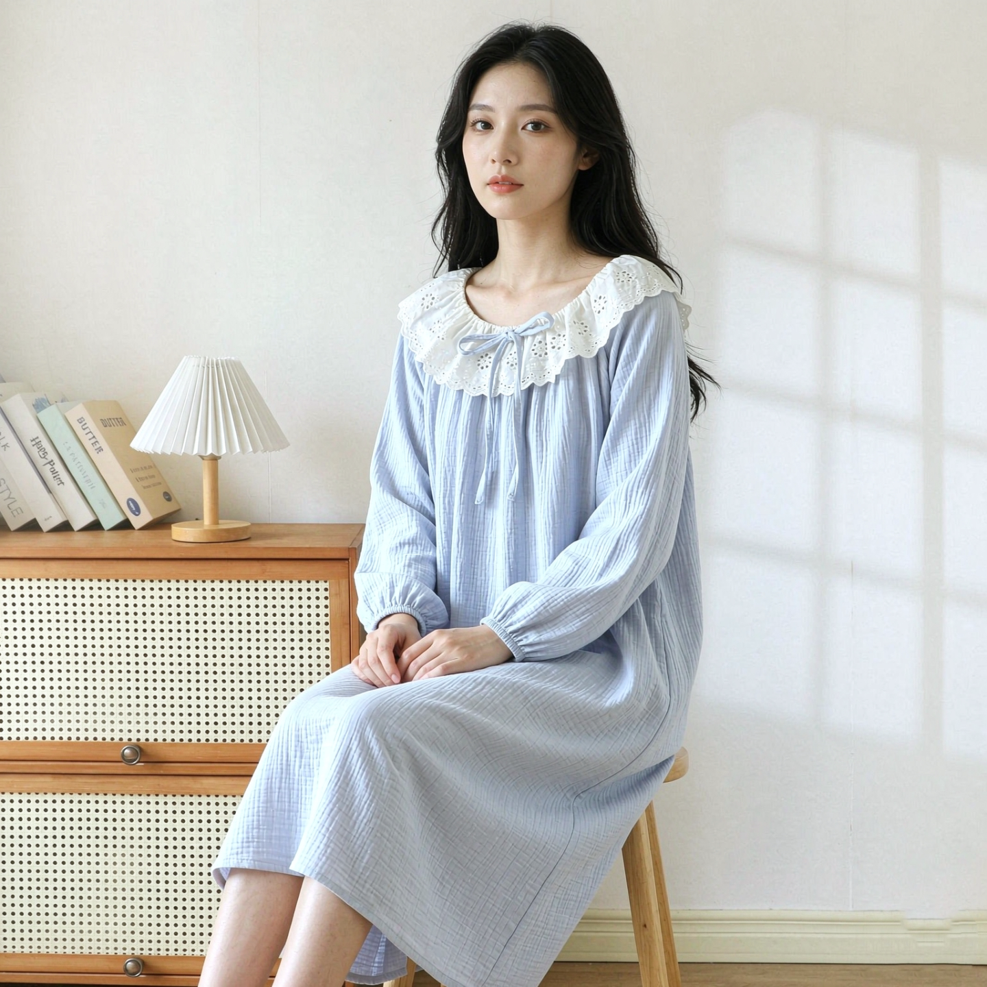 蕾丝花边公主风纯棉女士睡裙长袖圆领薄双层纱布娃娃领家居服睡衣