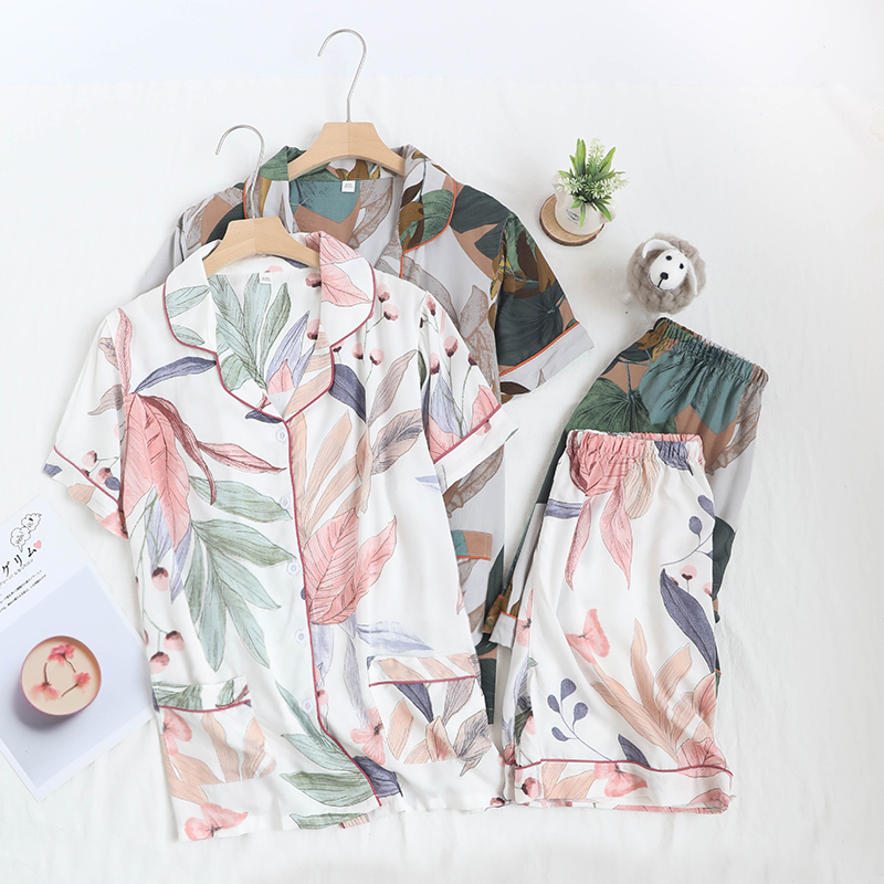 人棉女士睡衣短袖短裤宽松加肥