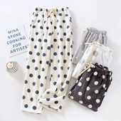 印花圆点加绒保暖宽松直筒平口珊瑚绒家居裤 加厚法兰绒睡裤 女长裤