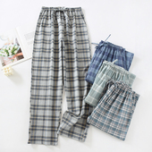 睡裤 春夏日系格子宽松直筒休闲家居裤 男士 薄款 可外穿 纯棉长裤 新款