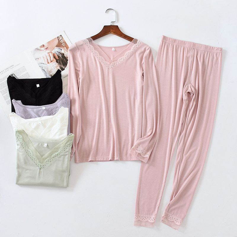 新款莫代尔薄女蕾丝花边保暖套装V领修身弹力高腰莫代尔秋衣秋裤