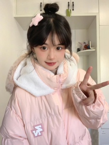 粉色毛领连帽棉服女冬季韩版宽松加厚保暖气质减龄面包服棉衣外套