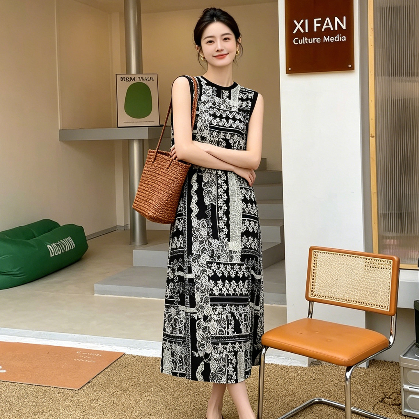 女士无袖棉绸连衣裙2026新款夏季大码胖mm宽松遮肉印花休闲长裙子