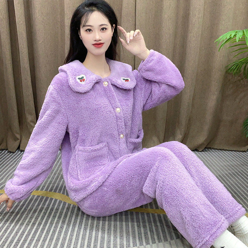 法兰绒毛绒睡衣秋冬款女珊瑚绒女士牛奶绒可爱可外穿家居服套装