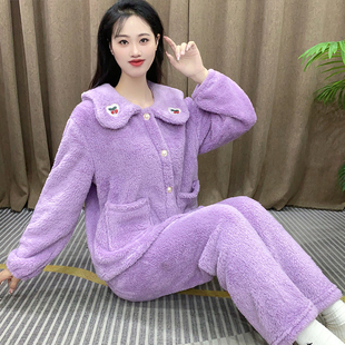 法兰绒毛绒睡衣秋冬款女珊瑚绒女士牛奶绒可爱可外穿家居服套装