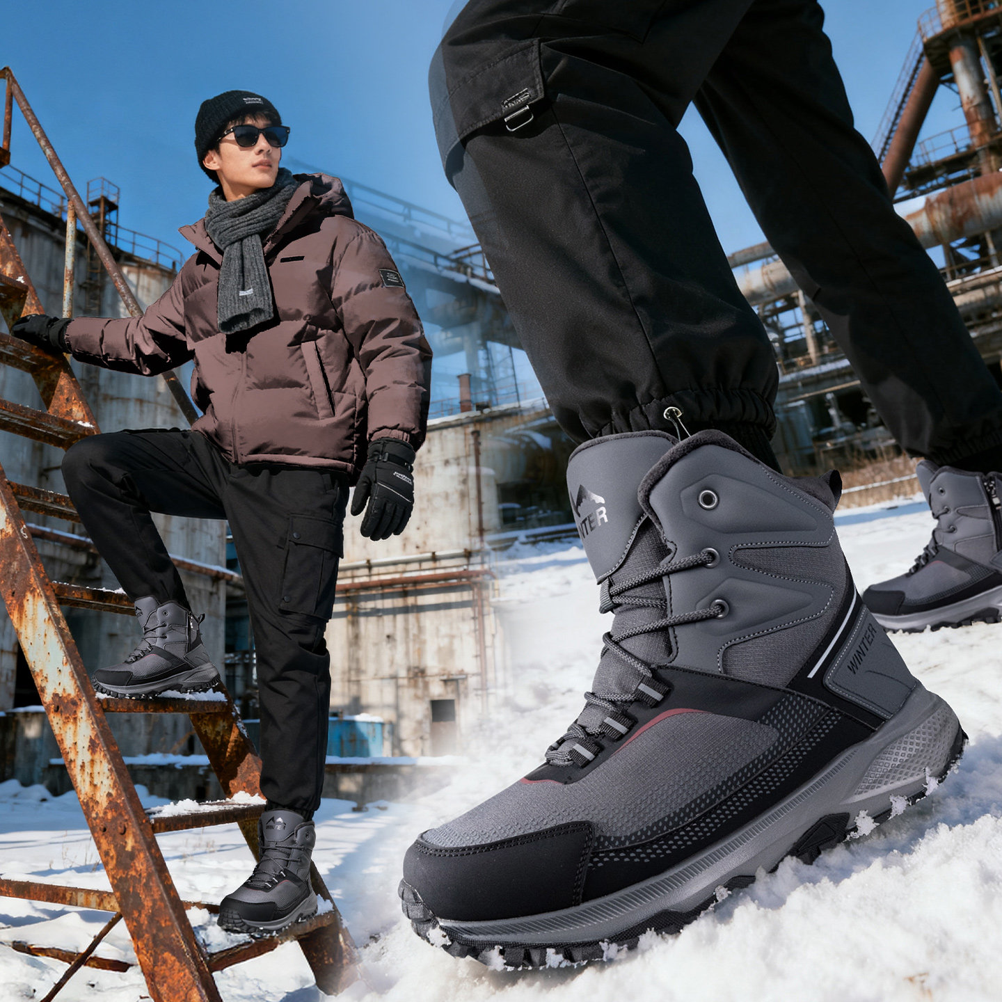 冬季防水雪地靴男士加厚保暖户外登山鞋防滑高帮防寒东北大棉鞋男