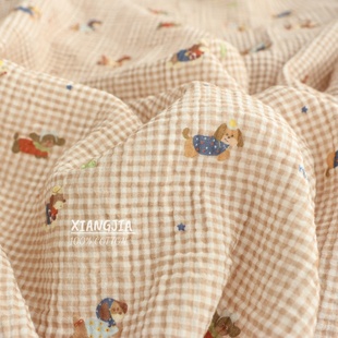 【咖色格纹小狗】纯棉双层绉纱 母婴级a类围嘴口水巾发圈睡衣浴巾