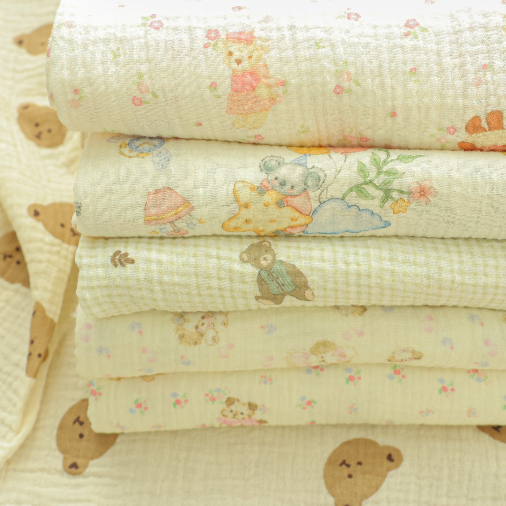 半米价 a类婴儿级棉双层纱布褶皱卡通口水巾包被睡衣浴巾面料