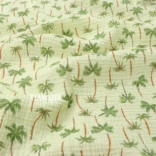 现货梭织全棉双层绉纱 复古椰树睡衣家居服包被口水巾浴巾面料