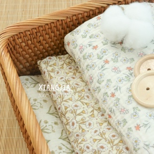 现货梭织面料 复古小碎花全棉双层绉纱 童装睡衣 包被口水巾浴巾