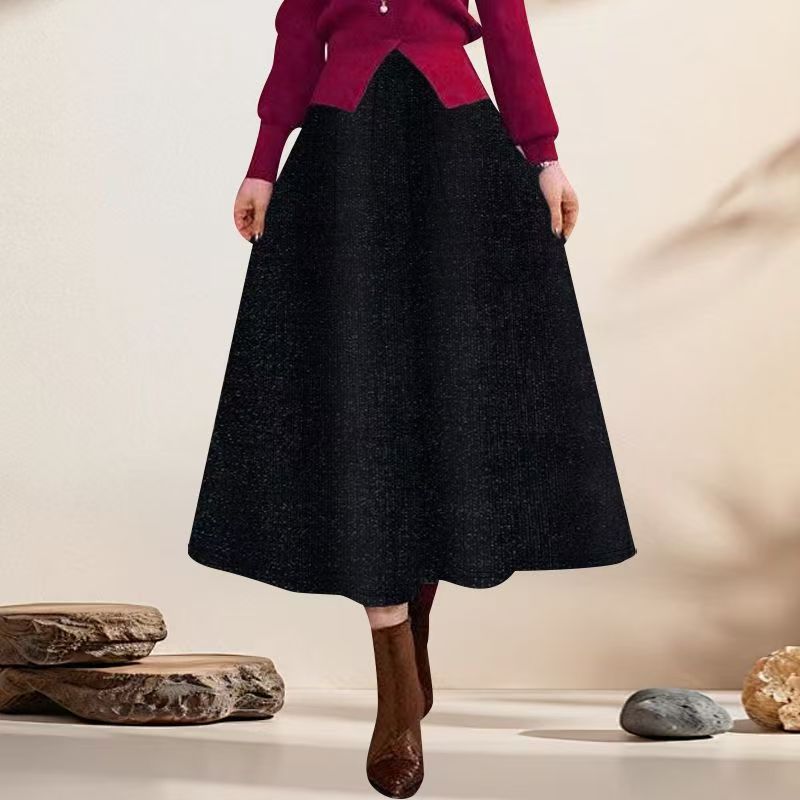 小香风中长款半身裙亮丝金丝绒A字裙春秋新款冬季蓬蓬裙时尚过膝