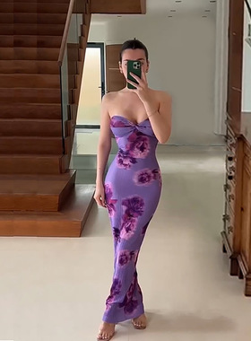 23欧美跨境亚马逊爆款抹胸露背印花压褶修身显瘦女连衣长裙HY027B