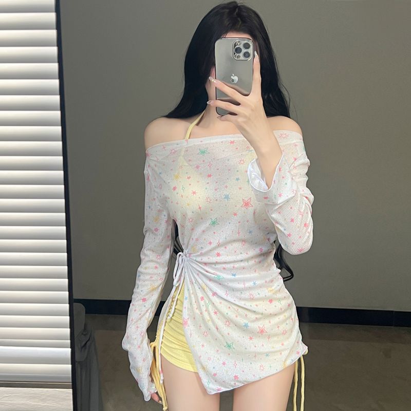 新款可爱纯欲风分体平角裤保守长袖星星罩衫三件套游泳衣女泡温泉