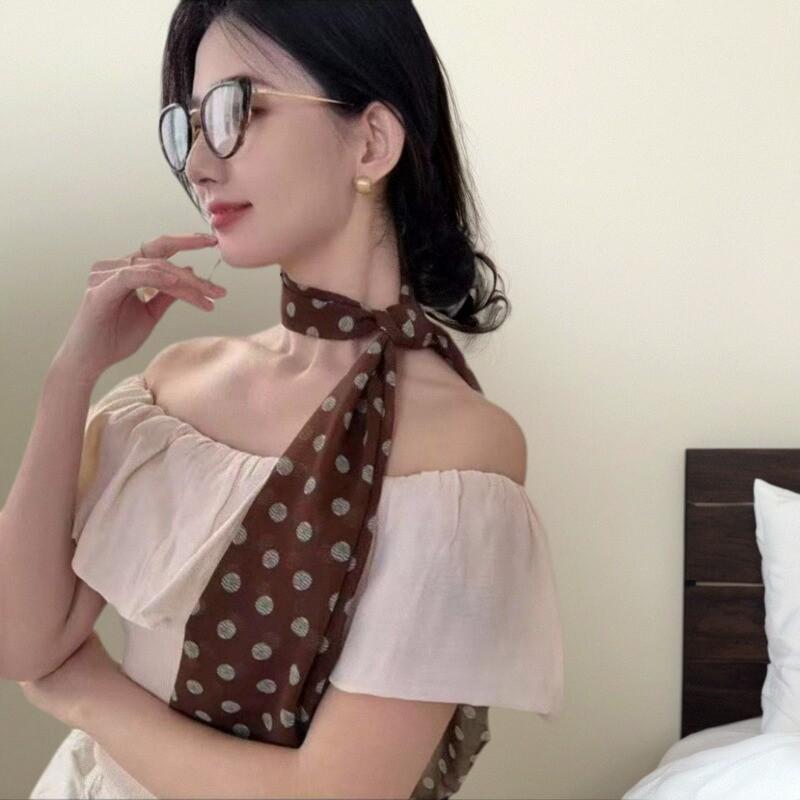 韩系棕色波点长条丝巾2025新款