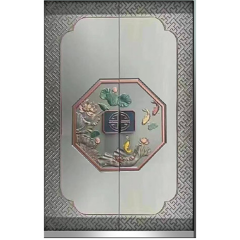 铸铝门精雕图花鸟年年有余荷花鱼灰度图