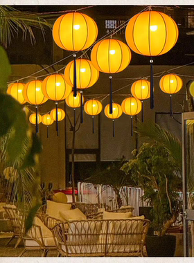 新款圆形新年灯笼黄色橙色可连串景区装饰户外防水新中式布艺吊灯