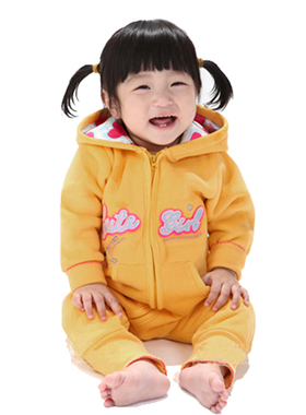 韩国外贸春秋婴幼儿黄色抓绒连身衣哈衣女宝宝爬服卫衣新生儿外套