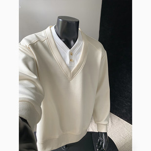 高档拼色春秋季 打底衫 外套 新款 假两件320g重磅华棉卫衣男2026春季