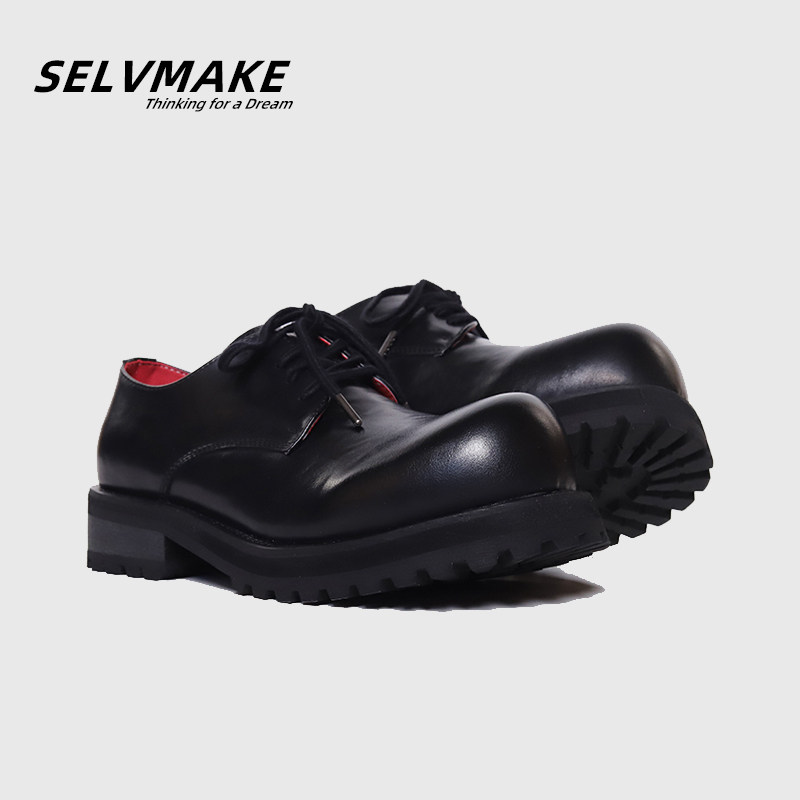 红里褶皱感德比鞋男微翘大头皮鞋