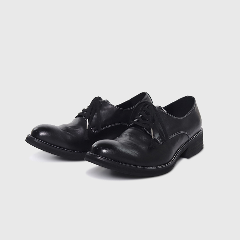 芒果头皮鞋粗跟通勤尖头德比鞋