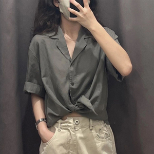 日系灰色古巴领衬衫女夏新款麻混纺开领短袖薄外套季衬衣棉麻上衣