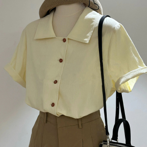 日系复古不规则斜扣短袖衬衫女夏洋气休闲宽松百搭显瘦polo领衬衣