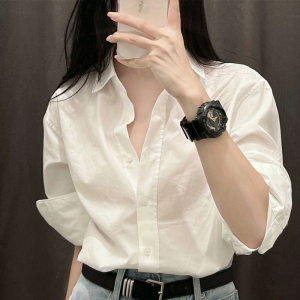 白色Polo领天丝防晒长袖衬衫女夏季薄款宽松开衫衬衣显瘦上衣外套